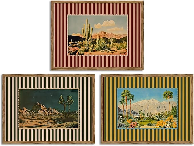 Framed Vintage Western Landscape Wall Art Set of 3, Striped Postcards Southwest Desert Cactus Pictures Wall Decor Paintings, Boho Plant Canvas Prints for Living Room Bedroom Office 16x24 inch