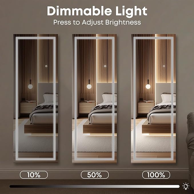 Kosmonia 67x24 Frameless Full Length Mirror, Dimmable 3 Color LED Light w/Memory Function, Distortion Free, HD Reflection & Anti Desilvering, Tempered Glass, Easy Setup w/Stand, Wall/Standing