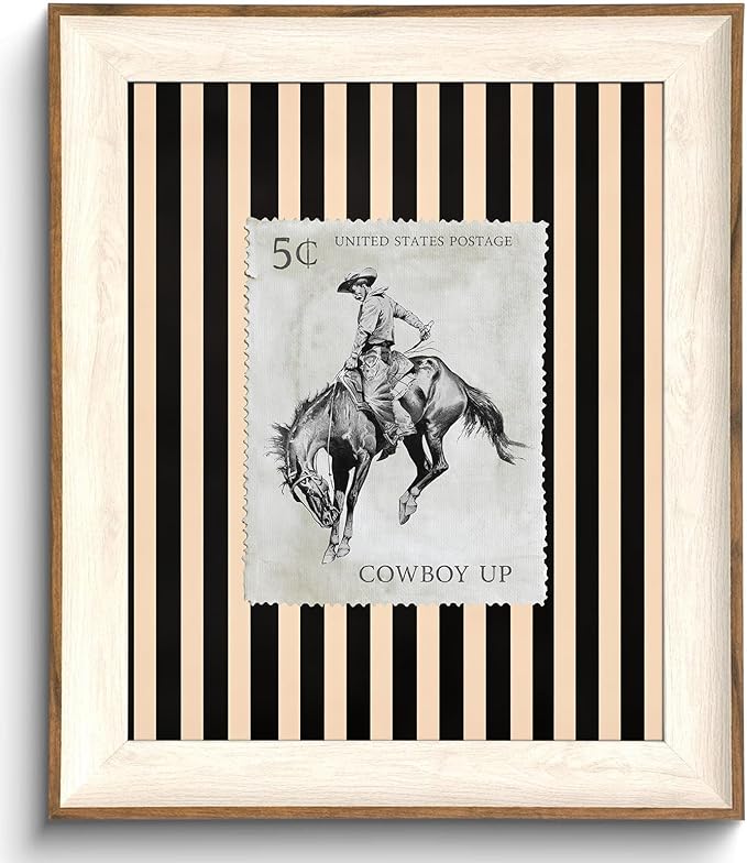 uniro Vintage Western Framed Wall Art, Vintage Cowboy Up Canvas Art Prints Painting, Antique Western Rodeo Decor with Stripes, Rustic Stamp Poster Ranch Cowboy Frame Art for Bedroom, Gallery, Living Room, Office,Desktop Decor - 10x12Inch