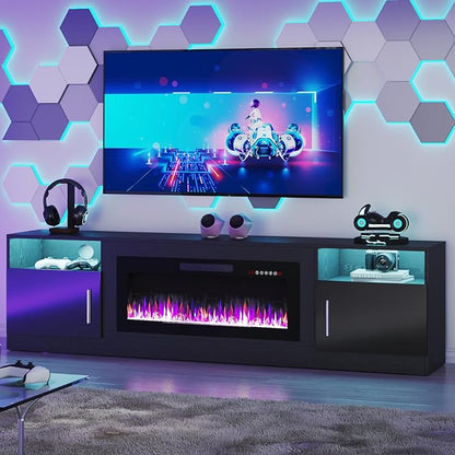 TAVATA Fireplace TV Stand, 80 inch TV Stands for Living Room with 36" Fireplace, Modern Entertainment Center with LED Light for TVs Up to 90", Media Console with Highlight Storage Cabinets (Black)