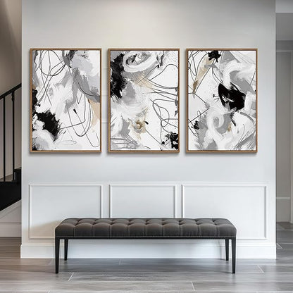 myusuar 3 Piece Large Modern Abstract Canvas Framed Wall Art For Living Room, Black And White Lines Minimalist Wall Art Decor Posters Prints For Bedroom Office, 24x36in