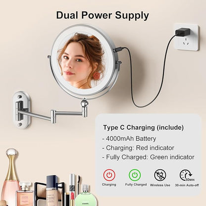 9" Wall Mounted Lighted Makeup Mirror,4000mAh Rechargeable Double Sided 1X/10X Magnifying Mirror with Light,3 Color Lights,Touch Dimmable,Extended Arm 360 Rotation Wall Mounted Makeup Mirror