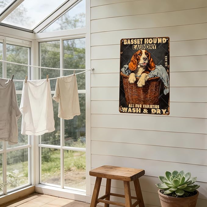 Retro Metal Poster Basset Hound Laundry Wash And Dry Metal Tin Signs Vintage Plaque Wall Decor for Home Laundry room Bathroom 16x12 Inch