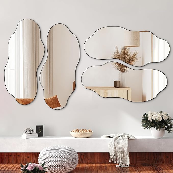 POZINO Irregular Frameless Wall Mirror, 47.2"x21" Asymmetrical Aesthetic Mirror, Modern Organic Shape Decorative Mirror for Living Room Bedroom Entryway Hallway, Horizontal or Vertical Hanging