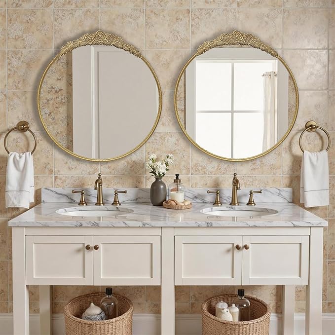 Growsun Round Wall Mirror with Vintage Gold Floral Frame – 28 Inch Decorative Wall Mirror for Living Room, Bedroom, Entryway, Bathroom Vanity – Elegant Antique Accent Home Décor