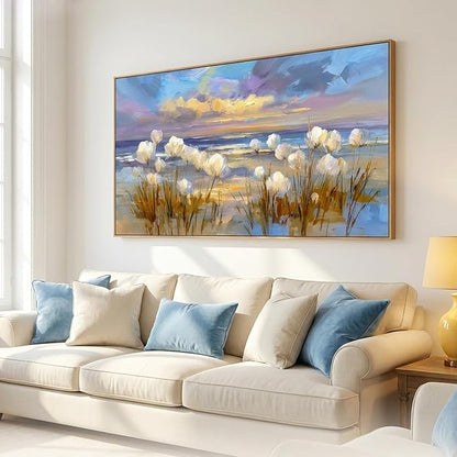 BQVCT Coastal Beach Scene Canvas Wall Art 24x48 Inch with Frame White Flowers and Ocean Sunset Painting Nautical Nature Decor for Living Room Bedroom Office