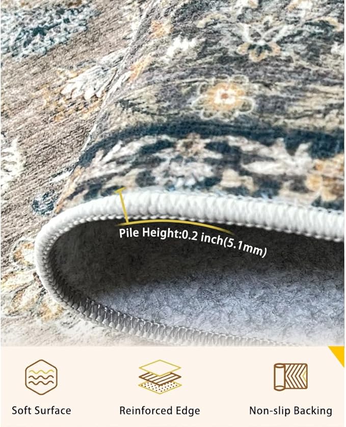 4x6 Area Rugs Grey and Brown Washable Rug for Living Room, Dining Room, Bedroom, Large Carpets, Non Slip & Non-Shedding Low Pile Vintage Print Rug for Home Office Decor