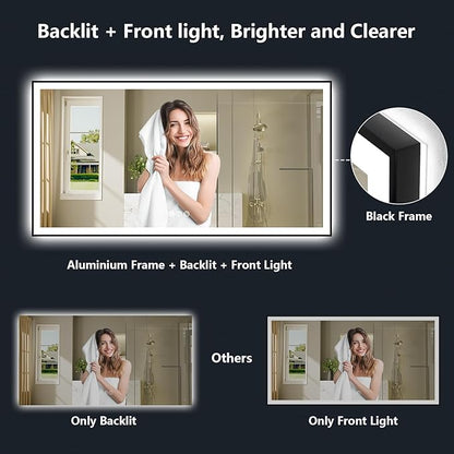 72x36 Inch LED Bathroom Mirror with Lights (Front Lit and Backlit) Black Framed Lighted Vanity Mirror for Bathroom Wall Dimmable Anti-Fog Memory Tempered Glass Horizontal/Vertical
