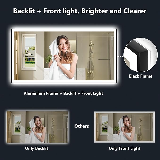 66x40 Inch LED Bathroom Mirror with Lights (Front Lit and Backlit) Black Framed Lighted Vanity Mirror for Bathroom Wall Dimmable Anti-Fog Memory Tempered Glass Horizontal/Vertical