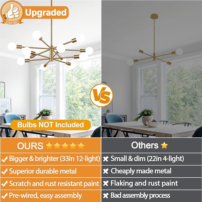10.9"-52.3" Height Adjustable Sputnik Chandeliers Dining Room Light Fixture (12-Light, 33-Inch), Modern Brushed Brass Chandelier, Mid Century Modern Chandeliers for Dining Room (Bulbs not Included)