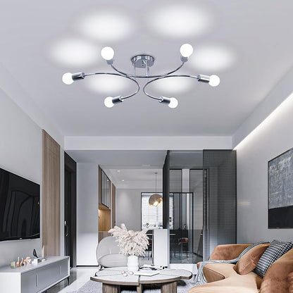 FRIXCHUR 6-Light Sputnik Chandelier, Sliver Mid-Century Modern Semi Flush Mount Ceiling Light, Metal Fixture with E26 Sockets for Bedroom, Living Room, Kitchen (Bulbs Not Included)