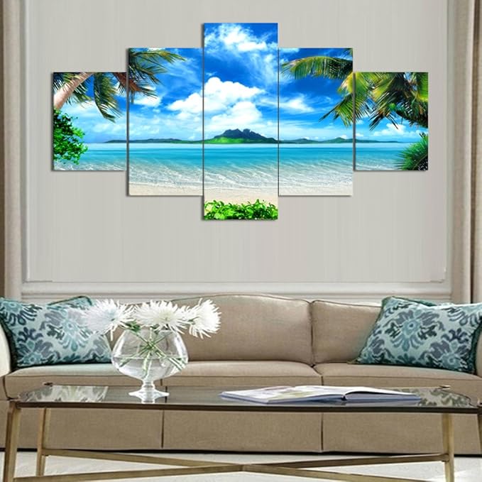 Yatsen Bridge Modern Landscape Beach Ocean Painting on Canvas 5 Piece, HD Print Pictures Wall Art for Living Room Home Decor Wooden Framed Stretched Ready to Hang (60’’W x 32’’H)