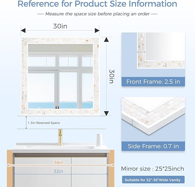 Tanmicoshomy 30 x 30 Inch White Rectangle Wall Mirror, Natural Shell Framed Rectangular Mirrors for Bathroom Bedroom, Living Room, Entryway, Wall Mounted Horizontal or Vertical