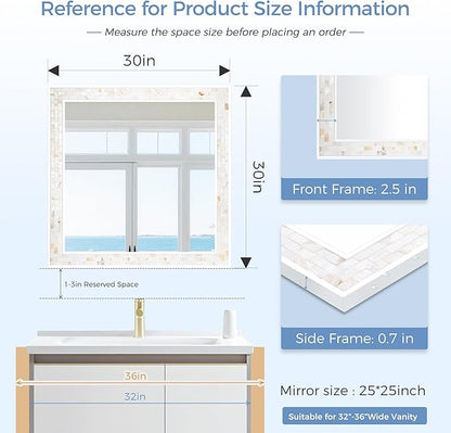 Tanmicoshomy 30 x 30 Inch White Rectangle Wall Mirror, Natural Shell Framed Rectangular Mirrors for Bathroom Bedroom, Living Room, Entryway, Wall Mounted Horizontal or Vertical