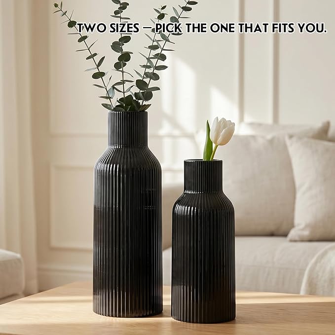 Large Black Tall Ceramic Vase,Modern Smooth Vertical Ribbed, Nordic Minimalist for Pampas Dried & Fresh Flowers, Home Decor for Living Room, Coffee Table, Bookshelf, Entryway, Farmhouse