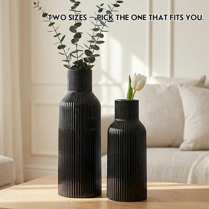 Large Black Tall Ceramic Vase,Modern Smooth Vertical Ribbed, Nordic Minimalist for Pampas Dried & Fresh Flowers, Home Decor for Living Room, Coffee Table, Bookshelf, Entryway, Farmhouse