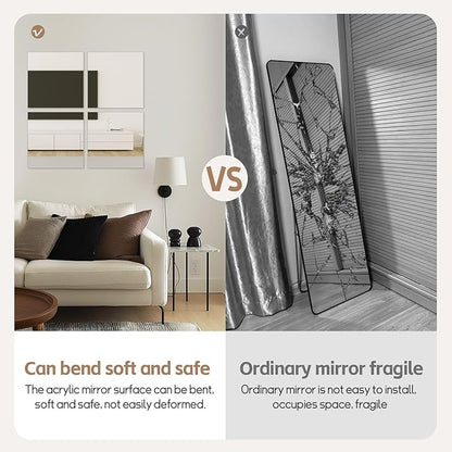 Abyssaly Mirror Stickers for Walls 4 Pack 11.8''x11.8'' Self Adhesive Stick on Mirrors Tiles Small Peel and Stick 2mm Unbreakable Wall Mirrors Decorative Sheets for Kitchen