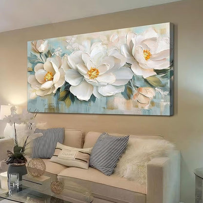 Enartly White Flowers Canvas Wall Art, Natural Plant Painting Textured Artwork for Living Room Bedroom Hallway Kitchen Dining Room Home Office Wall Decor, 48"x24"