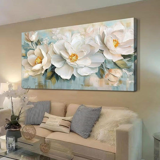 Enartly White Flowers Canvas Wall Art, Natural Plant Painting Textured Artwork for Living Room Bedroom Hallway Kitchen Dining Room Home Office Wall Decor, 48"x24"