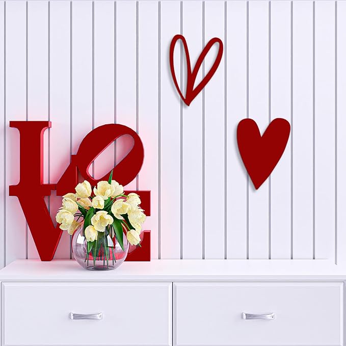 Vineland Metal Heart Wall Art Decor, Red Minimalist Wall Sculptures for Living Room Bedroom Bathroom Kitchen Decorations, Housewarming Valentine's Day Gifts, 5.9x7.8 Inches, Set of 2