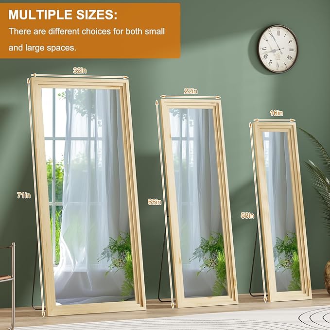 ZHUNFA Full Length Mirror,71x32 Inch Full Length Mirror Wall Mounted,Vertical Hanging,Leaning Standing for Bedroom,Living Room,Rectangular Wooden Frame,Log Color.