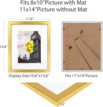 11x14 Picture Frame Set of 6, Display Pictures 8x10 with Mat or 11x14 Without Mat,Wall Gallery Photo Frames, Sleek Gold
