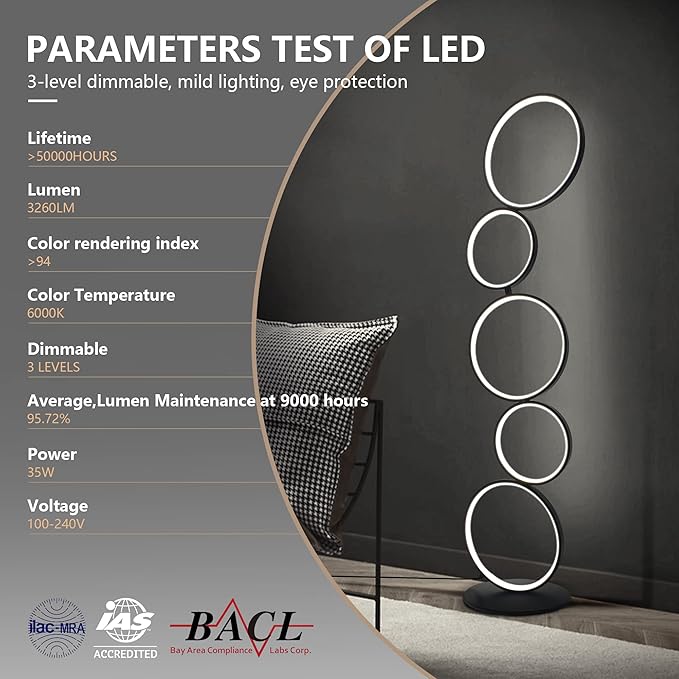 COSYLUX LED Modern Floor Lamp for Bedroom, 3 Way Bright Dimmable Corner Floor lamp with 5-Ring 2-in-1 Standing Tall End Table Lamp for Living Room & Office Reading Light, 3260LM, 6000K, Black.