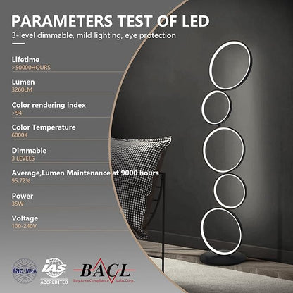 COSYLUX LED Modern Floor Lamp for Bedroom, 3 Way Bright Dimmable Corner Floor lamp with 5-Ring 2-in-1 Standing Tall End Table Lamp for Living Room & Office Reading Light, 3260LM, 6000K, Black.