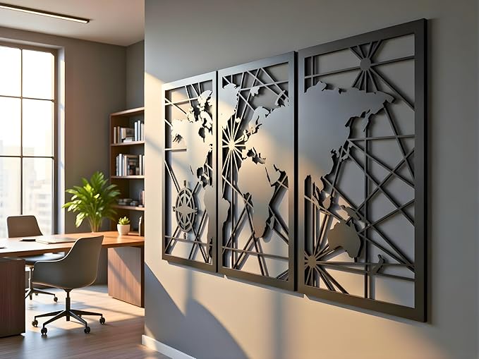 VAILLA World Map Wood Wall Art Decor Large Hanging Sculpture Modern Home Decoration Large Set of 3 Panels Map Wallart Botanical Wall Hangings Wooden Wall Arr 3D Textured Sculptures for Living Room Bedroom Office Dinnig Room