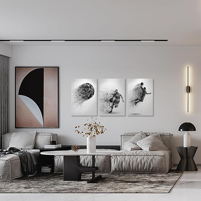 Basketball Canvas Wall Art Prints Set of 3, Framed Basketball Posters Wall Decor, Sports Room Decor For Men Kids Teenagers, Basketball Poster Set For Bedroom Man Cave, Boys Bedroom Decor