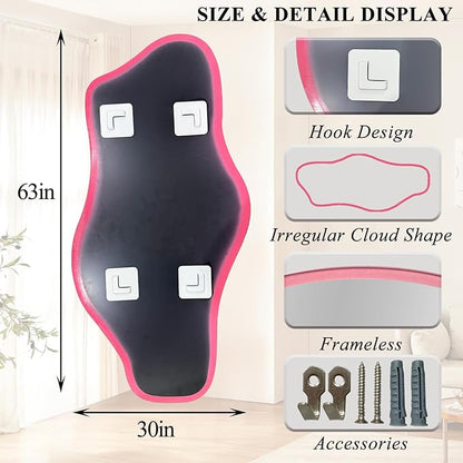 Large Irregular Mirror, 63"x30" Asymmetrical Tempered Glass Mirror Full Length, Pink Organic Frameless Wall Mirrors for Living Room Bedroom Hallway Entryway, Horizontal or Vertical Hanging