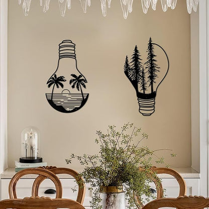 ESTART Metal Pine Tree Wall Art, Metal Bulb Wall Decor, Nature Rustic Farmhouse Cabin Decor, Forest Wall Art for Home Living Room Bedroom Office Indoor and Outdoor Decoration (Black)