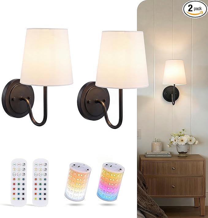 CLOUDY BAY 10000mAh Battery Operated Wall Sconces,Up to 100 Hours with Rechargeable RGB Dimmable Magnetic Bulb,Cordless Wall Lighting Fixtures with Remote for Bedroom,Black,2 Pack-12inch