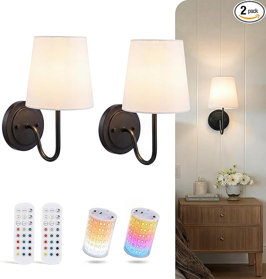 CLOUDY BAY 10000mAh Battery Operated Wall Sconces,Up to 100 Hours with Rechargeable RGB Dimmable Magnetic Bulb,Cordless Wall Lighting Fixtures with Remote for Bedroom,Black,2 Pack-12inch
