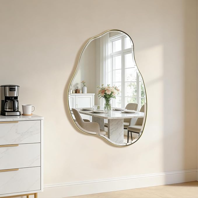 POZINO Irregular Beveled Mirror, 42"x28" Asymmetrical Bathroom Vanity Mirror with Gold Metal Frame, Cloud Shaped Wall Mirrors for Living Room Bedroom Hallway Entryway, Horizontal/Vertical Hanging