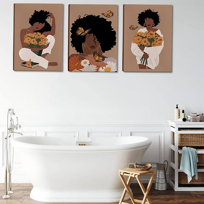 Black Woman Canvas Wall Art Set of 3 - Boho Black Girl Sunflower Posters African American Pictures Fashion Flower Art Prints for Nordic Minimalist Room Bedroom Wall Decor 12”x16”x3 Framed