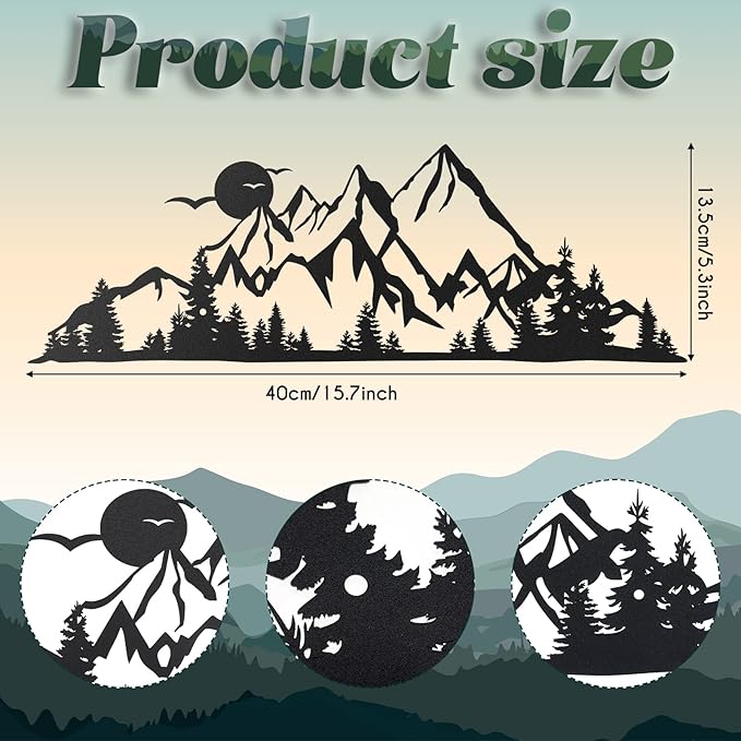 Demissle Metal Mountain Wall Art Blue Ridge Mountain Wall Decor Nature Forest Tree Sticker 15.7 x 5.3 Inch Summit Rustic Sign Scene Art Decor for Home Living Room Bedroom Indoor Outdoor(Black)
