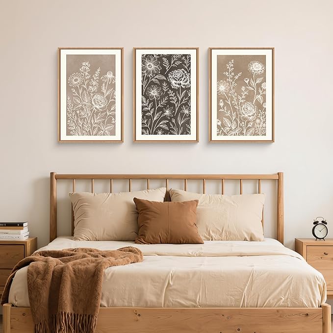 Neutral Boho Flower Framed Canvas Wall Art Set,Vintage Moody Rose Peony Daisy Wildflower Decor,Modern Natural Brown Black Floral Botanical Artwork for Living Room,Bedroom,Farmhouse-24 x36 x3