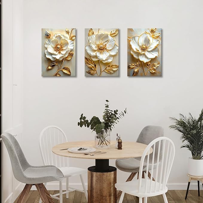 Modern White Floral Golden Leaves Canvas Wall Art Set, Neutral 3d Textured Flowers Wall Painting Pictures Boho Beige Blossom Wall Decor Posters Print Artwork for Bedroom Living Room Office 20x28x3Pcs