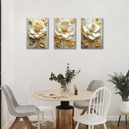 Modern White Floral Golden Leaves Canvas Wall Art Set, Neutral 3d Textured Flowers Wall Painting Pictures Boho Beige Blossom Wall Decor Posters Print Artwork for Bedroom Living Room Office 20x28x3Pcs