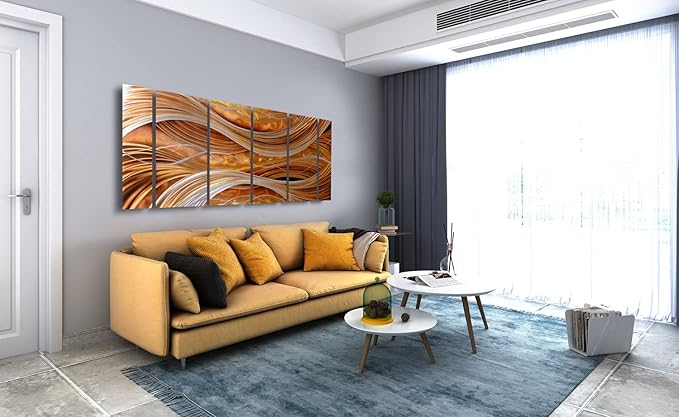 Yihui Arts 6-Piece Handcrafted Aluminum Abstract Wall Art, Modern Metallic Gold Silver Wavy Lines Panel Painting, Large Contemporary Home Decor for Living Room Office Hotel