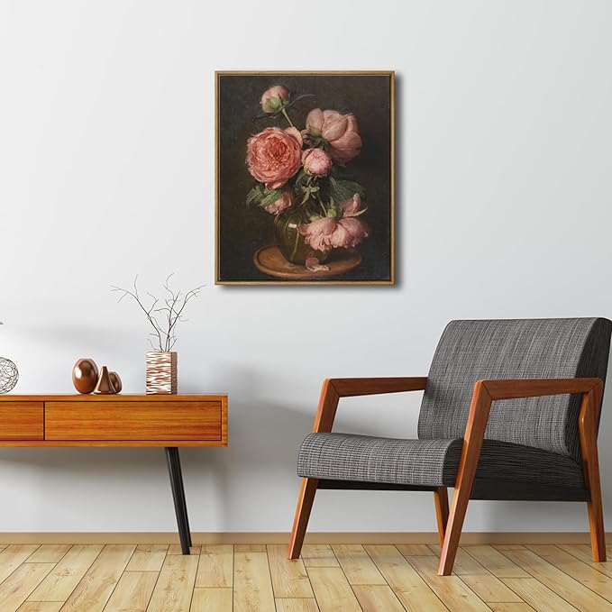 Pyradecor Vintage Framed Wall Art Large Living Room Decor Pfingstrosen Canvas Prints Classical Floral Painting for Bedroom Farmhouse Office Decorations