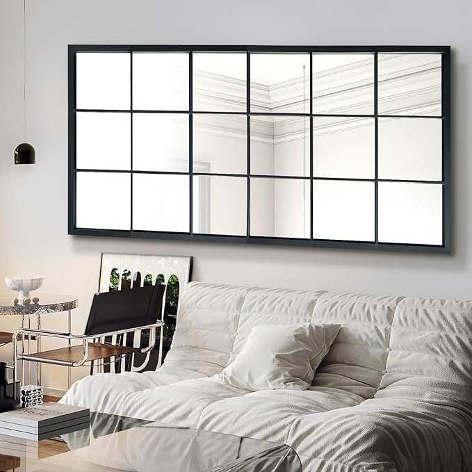 OUSHUAI Balck Full Length Mirror,Window Pane Grid Minimalism Long Floor Wall Mounted Mirrors for Entryway,Hallway,Living Room,Fireplace 22"X53"