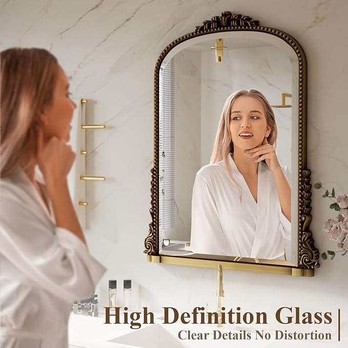 28"×40" Gold Wide Arched Wall Mirror, Vintage Carving Bathroom Vanity Makeup Mirror, as Wall Decor Hanging Leaning for Fireplace Mantle, Living Room, Bedroom, Vanity Area