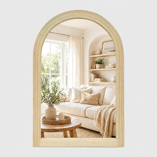 24" x 36" Arched Bamboo Wall Mirror, Handwoven Natural Frame with 2-Inch Deep Textured Profile, Decorative Boho Mirror for Entryway, Bedroom, Living Room