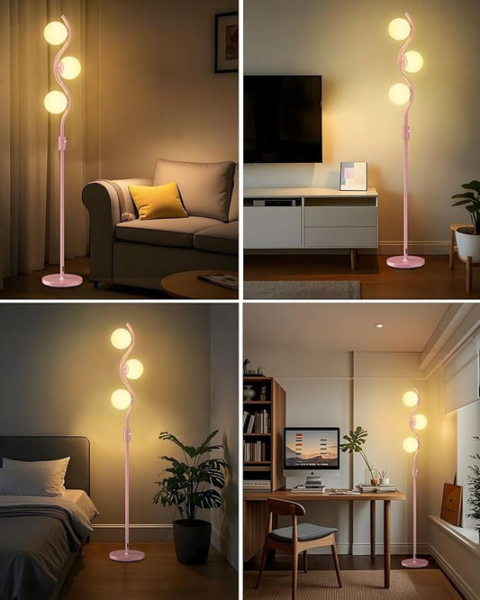 Lightdot 60IN Dimmable Pink Floor Lamp Mid Century Standing Lamps with 3Pcs 3000K Warm White Bulbs Included Dimmable Globe Modern Tall Lamp with 5Lbs Heavy Base for Bedroom/Sofa Beside/Corner Decor