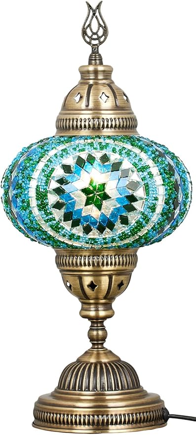 DEMMEX – 7" Large Globe Turkish Moroccan Mosaic Table Lamp, Handcrafted Tiffany-Style Colorful Glass Bedside, Desk & Table Light, Artisan Decor for Living Room or Bedroom, 14" H (Turquoise)