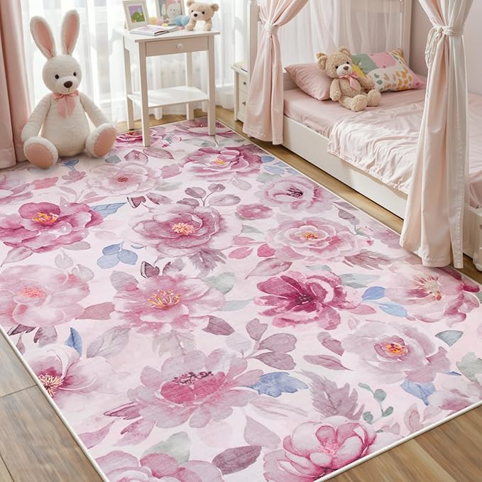 Lahome Floral Living Room Rug 5x7 Rug Machine Washable,Pink Rugs for Bedroom Girl Boho Area Rug Non Slip Vintage Low Pile Large Throw Carpet Rug for ‎Dining Room Office（5x7,Pink