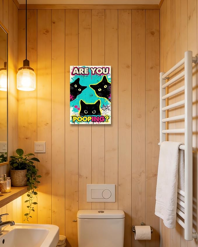 DUFIPOR Funny Black Cat Bathroom Wall Art, Are You Pooping? Graffiti Pop Art Canvas Prints, 12x16 Inch Humorous Bathroom Decor for Washroom Restroom, Trendy Cat Lover Gifts for Bathroom Wall Decor