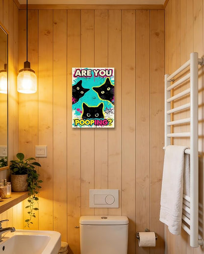 DUFIPOR Funny Black Cat Bathroom Wall Art, Are You Pooping? Graffiti Pop Art Canvas Prints, 12x16 Inch Humorous Bathroom Decor for Washroom Restroom, Trendy Cat Lover Gifts for Bathroom Wall Decor